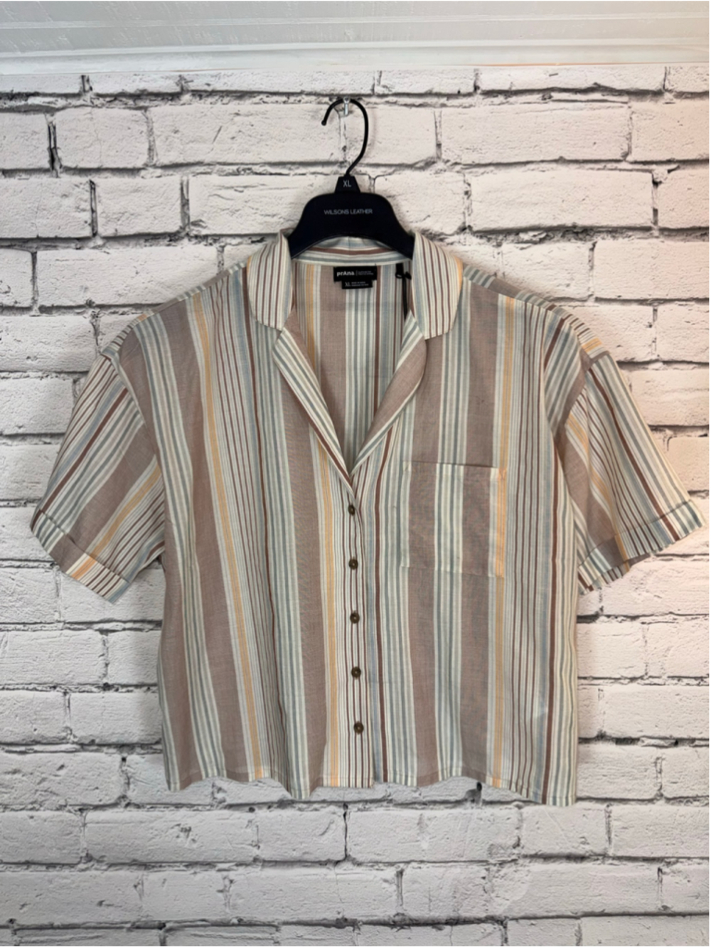 Women's prAna Iguala Cropped Button Down Camp Shirt size XL Pink Beige Boxy 90’s - Picture 5 of 15